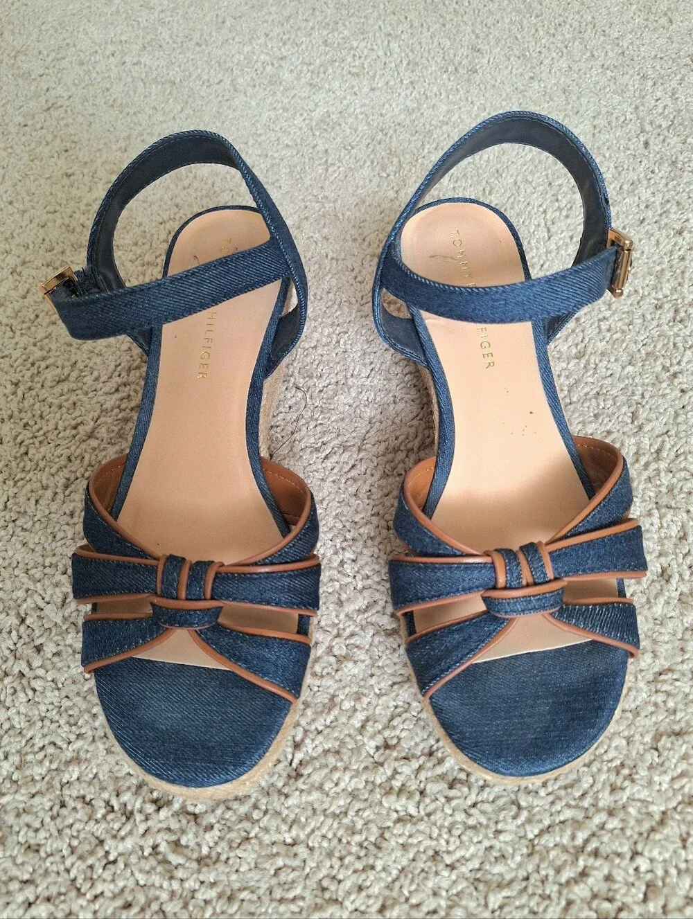 Tommy Hilfiger Gazeiy Blue Denim Espadrille Wedge Sandals Faux Brown Leather 7